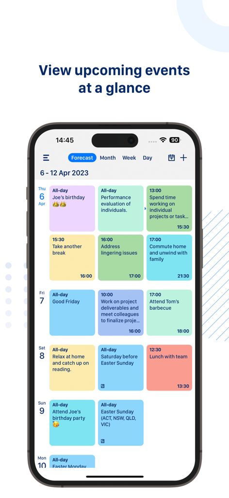 Tiny Calendar Pro - Vista de pronóstico de la aplicación Tiny Calendar Pro que muestra una vista general limpia de eventos y tareas próximos codificados por colores