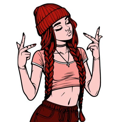 realistic teenage girl with braids and a beanie and crop top doing 🫶🏼