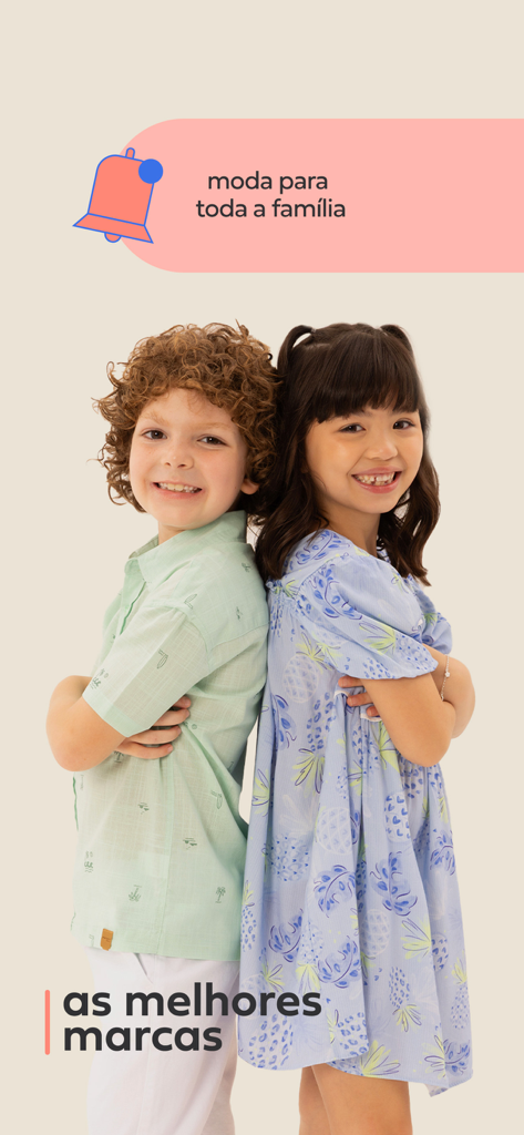 Two smiling children modeling clothes from the Posthaus app family collection.