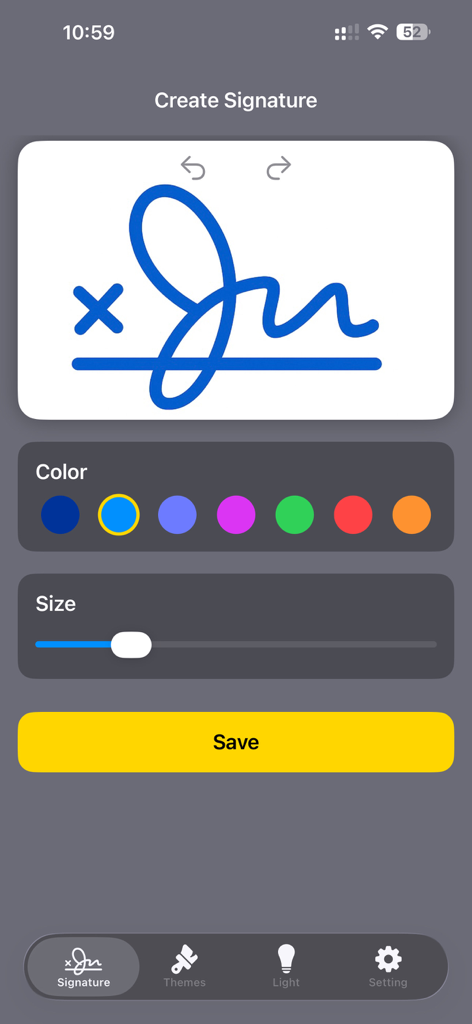 Firma Digital - Digital signature creation screen with color and size options