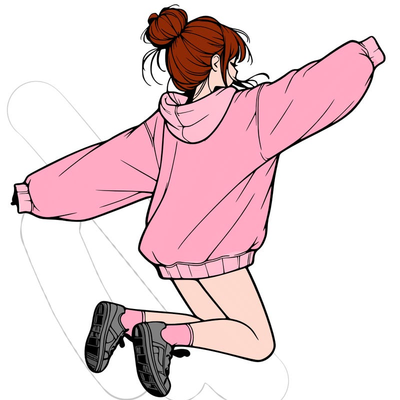 realistic girl jumping with a bun and oversized sweatshirt