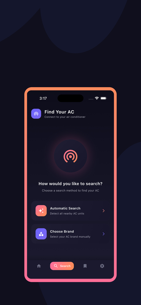Smart AC Remote Control - Interfaccia dell'app Smart AC Remote Control che mostra le opzioni per cercare automaticamente le unità di condizionamento o per marca.