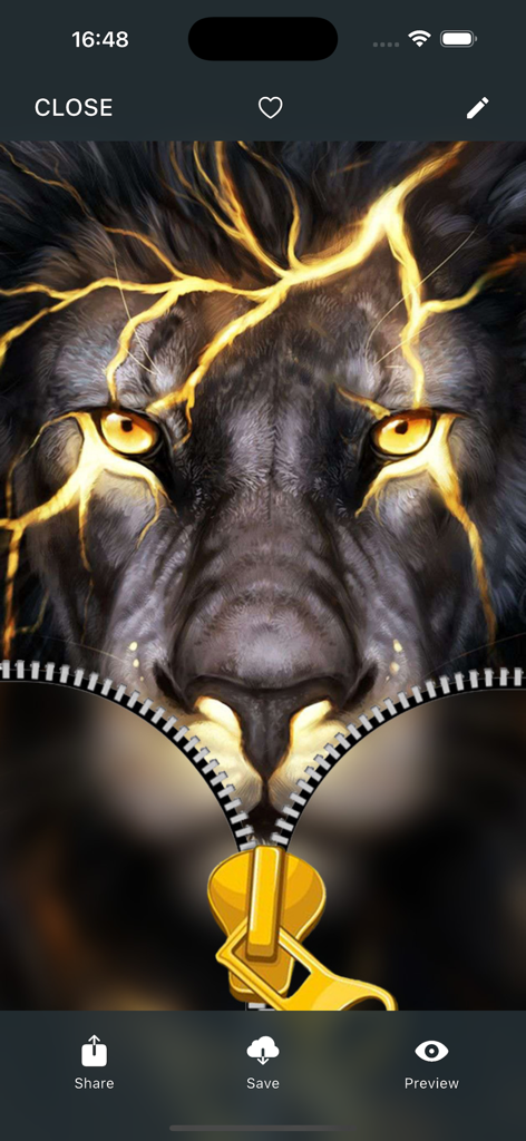 Zipper Lock Dope Wallpaper HD+ - A black lion wallpaper with glowing yellow lightning and a golden zipper effect on the lock screen.