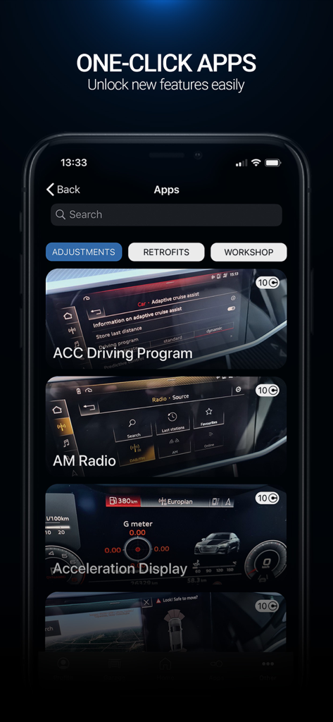 OBDeleven app interface showing various one click apps to unlock and customize vehicle features like acceleration display