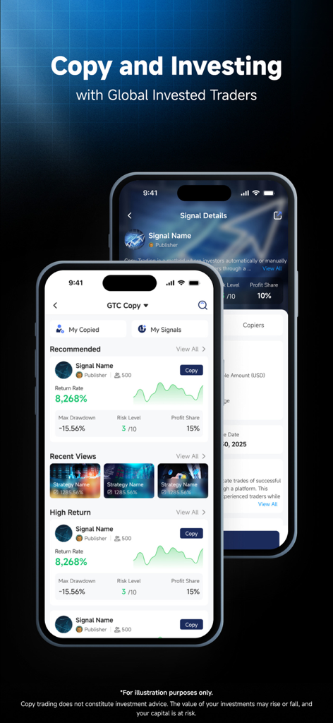 GTC Go - GTC Go app interface displaying copy trading signals and investor performance metrics