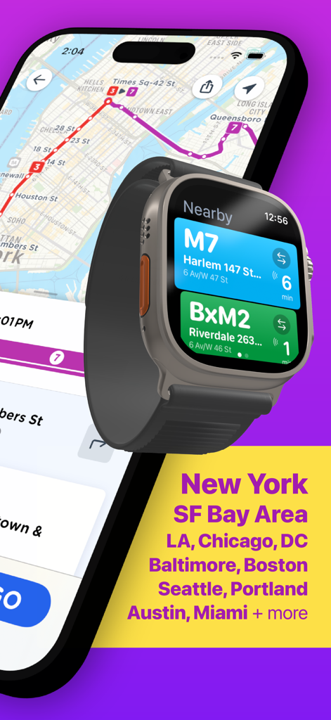 Momego: Bus & Transit Tracker - Momego transit app showing live bus and subway arrivals on iPhone and Apple Watch