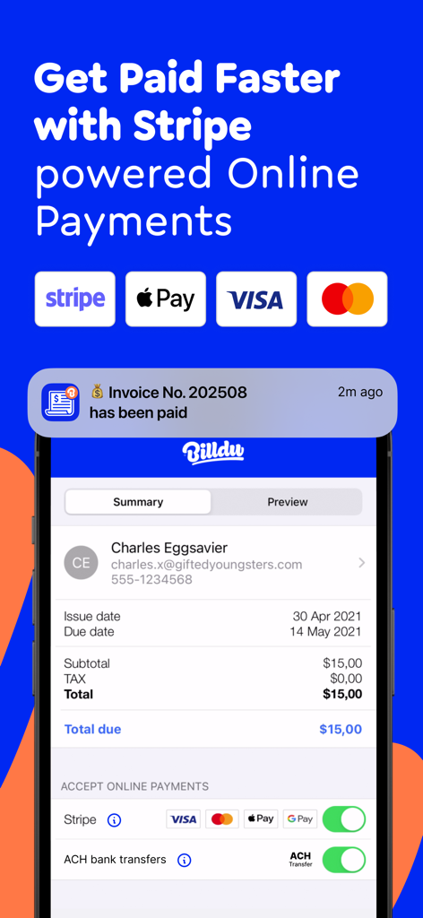 Invoice Maker Estimate Billdu - Billdu app interface showing online payment options including Stripe and Apple Pay with a paid invoice notification
