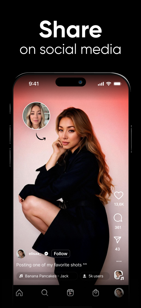 Shots - AI Photo & Video Maker - AIによって変身したポートレートがソーシャルメディアプラットフォームのインターフェースで共有されている様子。