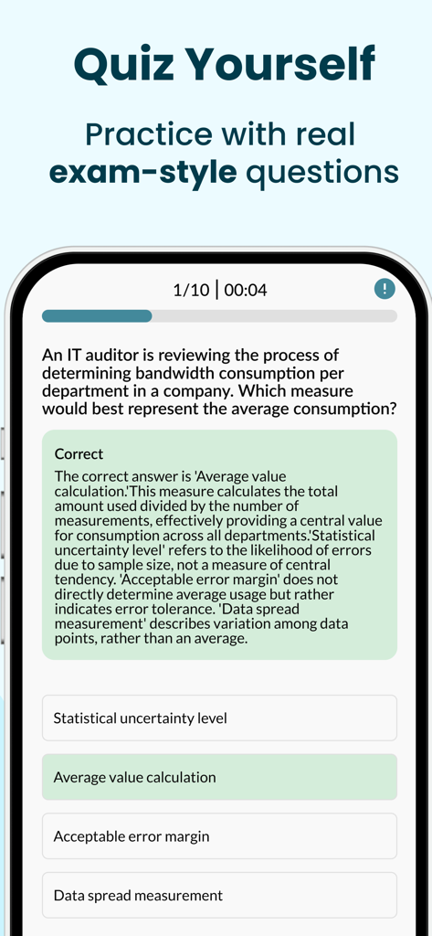 ISACA EXAM PREP 2026 - Pantalla de práctica de cuestionario de preparación para examen ISACA mostrando una pregunta de auditor de TI y la explicación de la respuesta correcta