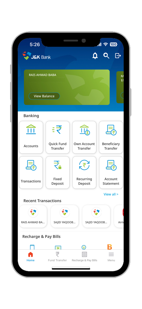 JKB mPay Delight+ - Home screen of JKB mPay Delight plus app featuring banking services and account management options