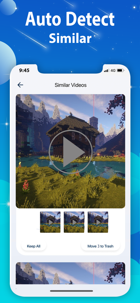 Boost Cleaner -Clean Up Smart° - Boost Cleaner app interface showing auto-detected similar videos with options to keep all or move duplicates to trash