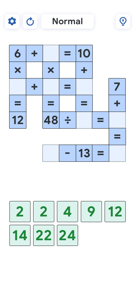 Una interfaz de juego de puzzle matemático que muestra ecuaciones con números faltantes y una selección de fichas para resolverlas.