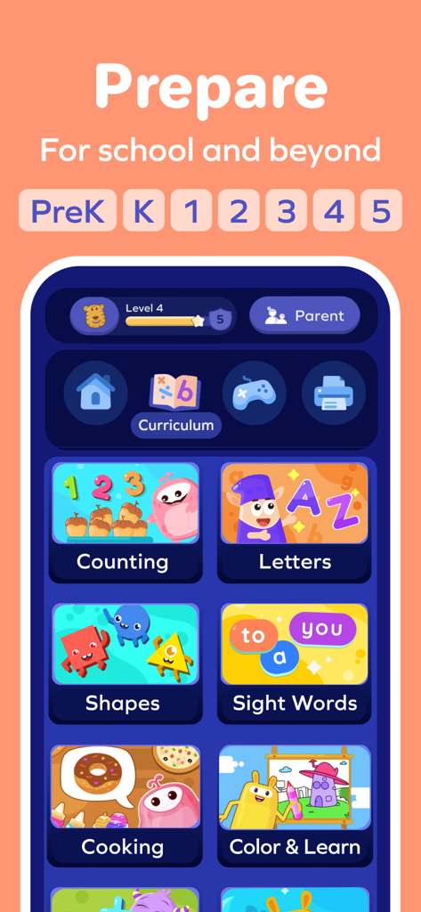 SplashLearn app interface displaying various learning modules like counting letters and shapes for children from PreK to Grade 5.