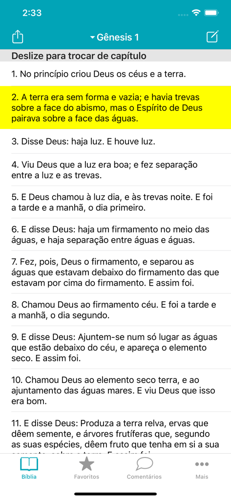 Bíblia Sagrada Evangélica - Interface of the Portuguese Bible app showing Genesis chapter 1 with a highlighted verse