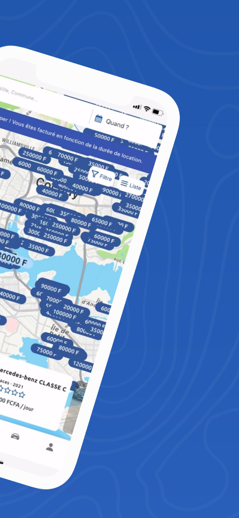 Interfaccia dell'app Monbolide che mostra una mappa della Costa d'Avorio con i prezzi dei noleggi auto disponibili