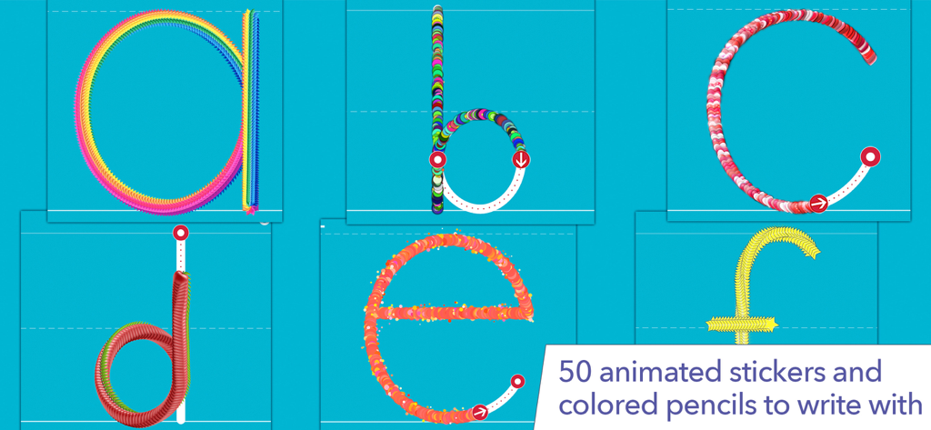 Tracing lowercase letters with animated stickers and colored pencils