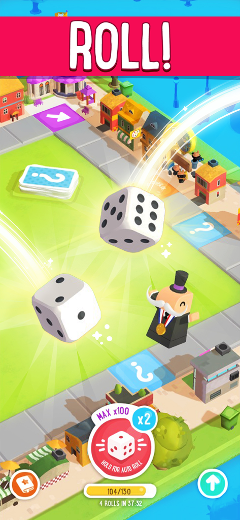 A 3D board game scene from Board Kings with dice rolling and a character in a top hat