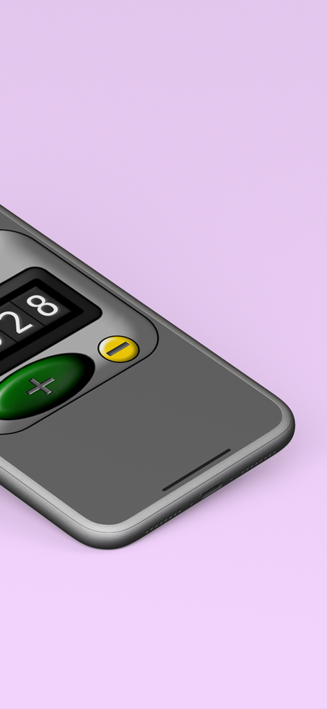 A minimalist tally counter app interface on an iPhone screen showing large plus and minus buttons.