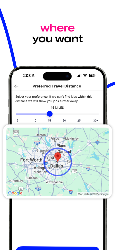 Map view in the swipejobs app showing preferred travel distance for job matching
