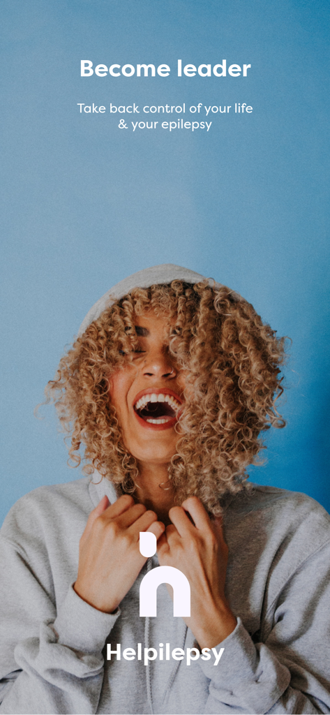 Helpilepsy - Happy woman laughing on the Helpilepsy app welcome screen with text about taking control of life and epilepsy