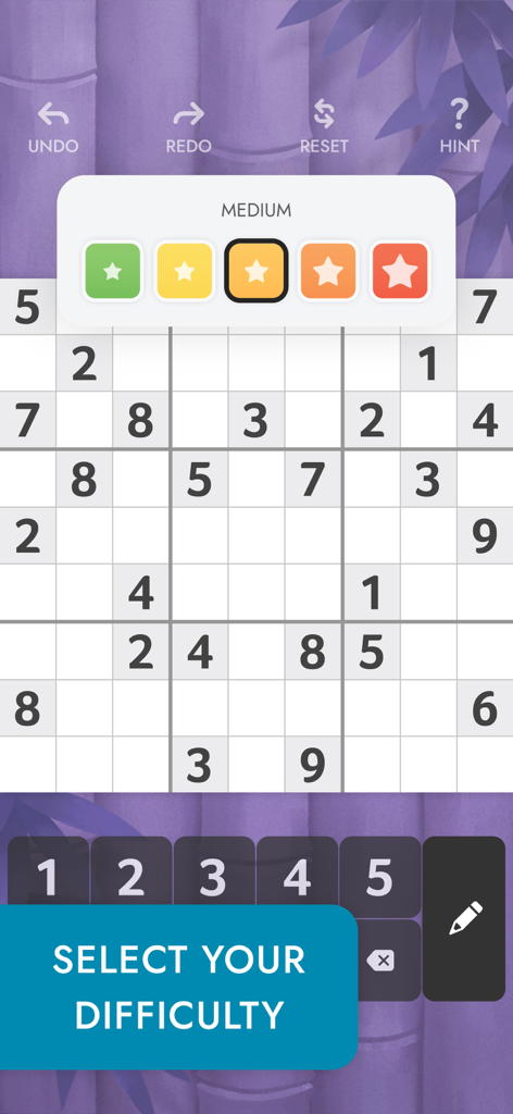 Sudoku game board with a difficulty selection menu showing five levels on a purple background