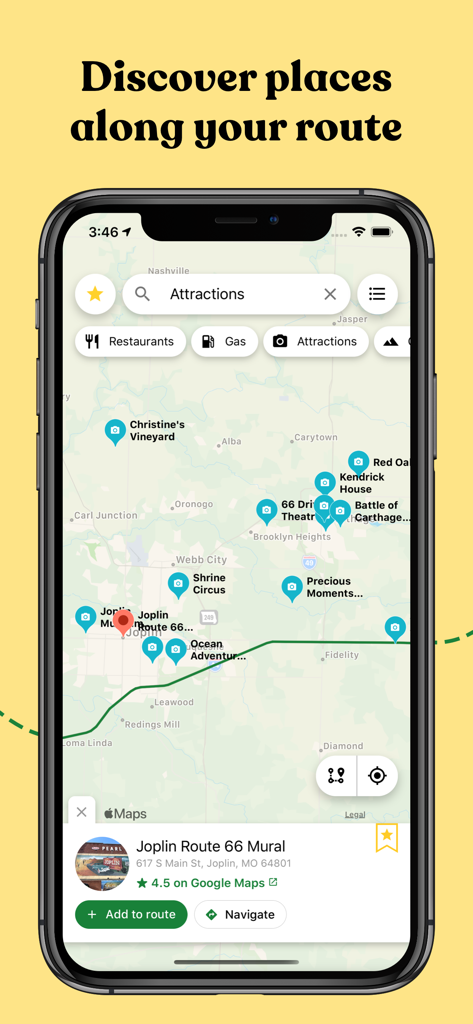 Roadie: Road Trip Planner & RV - Roadie app interface showing a map with attractions and points of interest along a road trip route