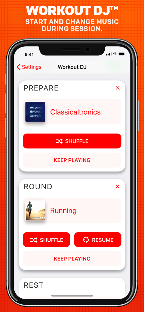 Boxing Timer Pro Round Timer - Interface of the Workout DJ feature in Boxing Timer Pro showing music selection for different training phases.