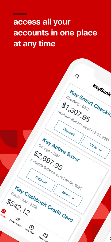 KeyBank Mobile Banking - Interfaz de la aplicación móvil KeyBank que muestra los saldos de las cuentas corrientes y de ahorros en un solo lugar