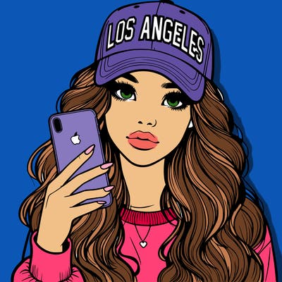 realistic beautiful girl wearing los ángeles cap holding an iphone