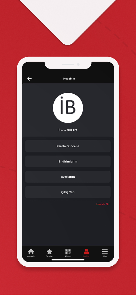 User account profile screen of the 3D Mobil education app featuring a dark mode interface with settings and notification options in Turkish
