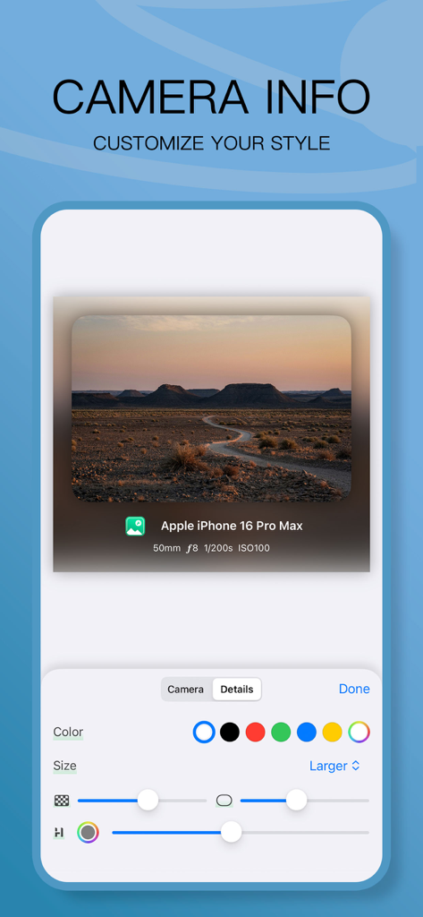 PicTool app screen for displaying and styling camera metadata on photos