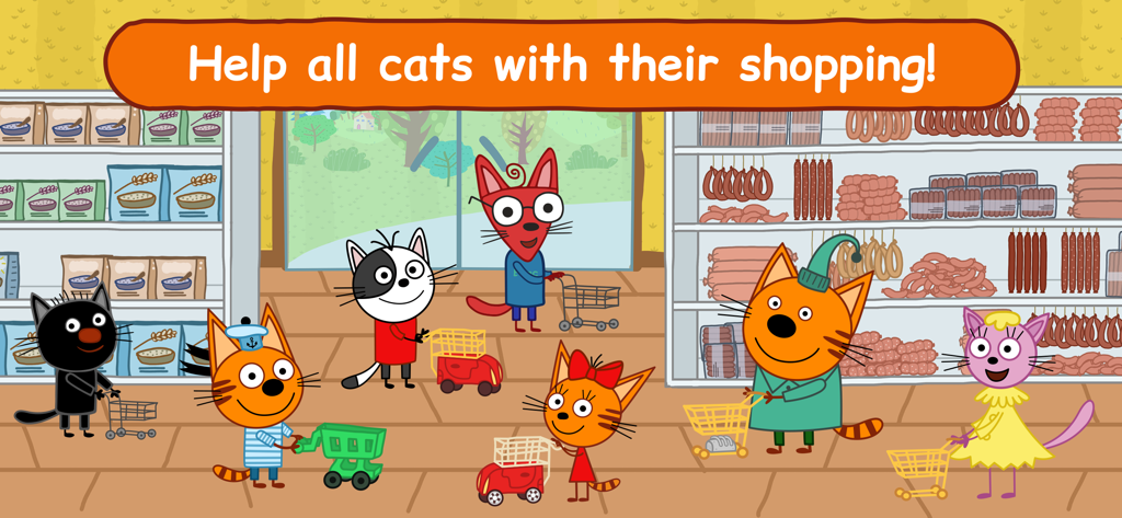 Kid-E-Cats: Supermarket Game! - Kid-E-Cats characters with shopping carts in a grocery store