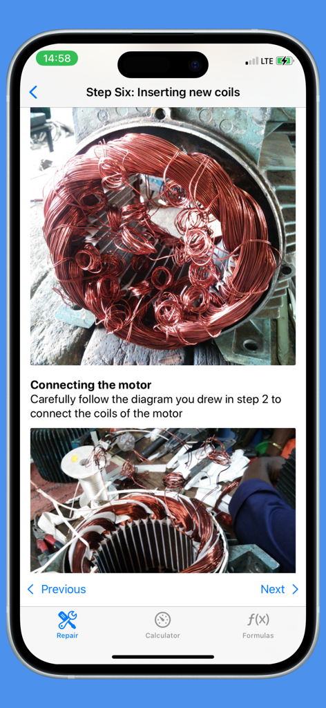Motor Repair - Tela de guia passo a passo do aplicativo Reparo de Motores para inserir novas bobinas de cobre em um motor elétrico.