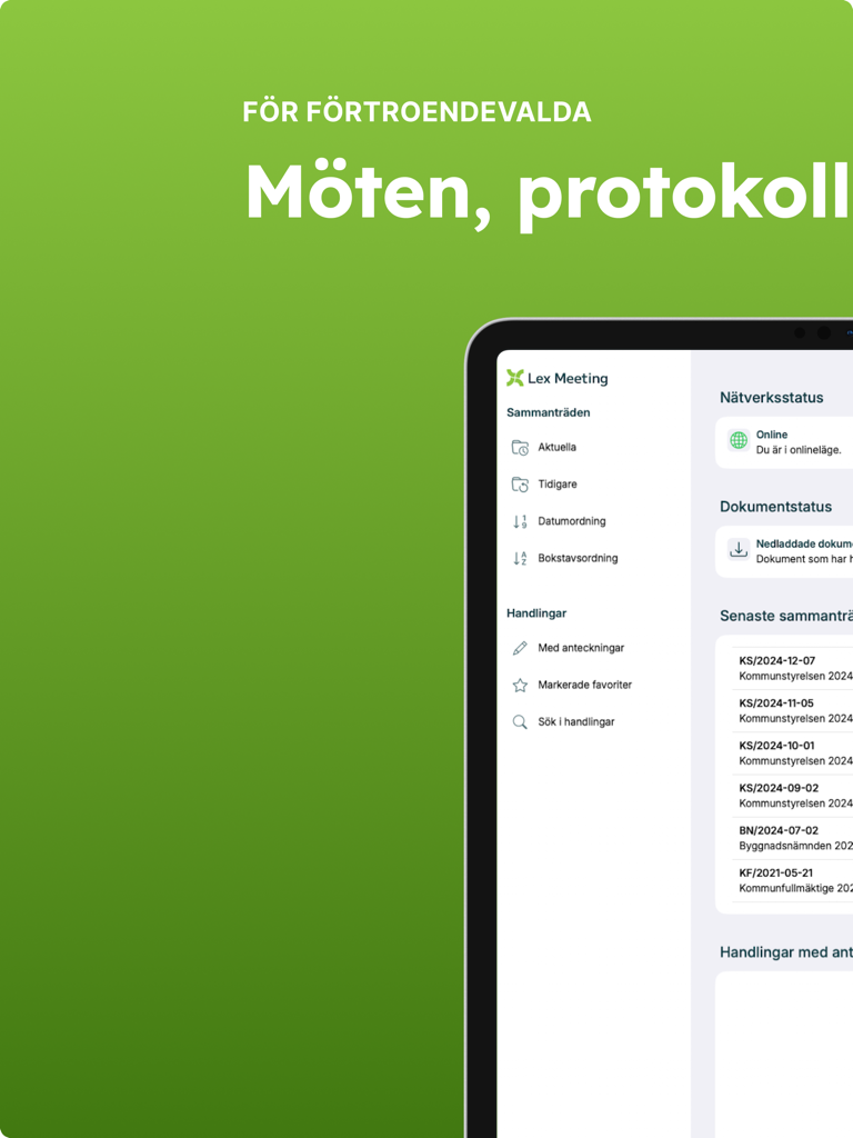 Interfaz de la aplicación Nya Lexmeeting en iPad mostrando protocolos de reunión y documentos para funcionarios electos.