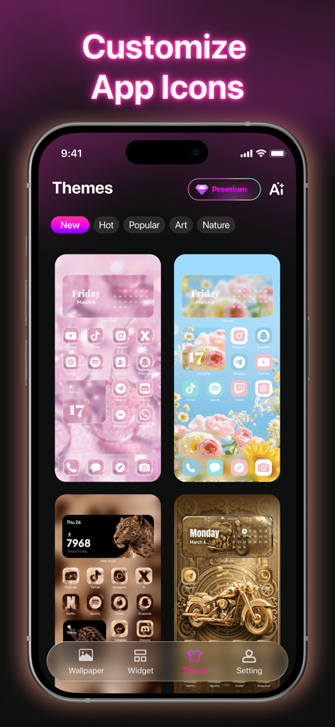 AuraAI: Themes & Wallpapers - Tela do aplicativo AuraAI exibindo diferentes temas estéticos e ícones de aplicativos personalizados para iPhone