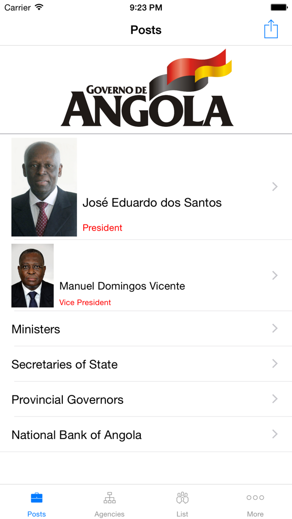 O Executivo - O Executivo app screenshot showing the Angolan government directory with photos of the President and Vice President.