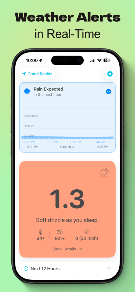 iPhone screen showing real-time rain alerts and a simplified weather score of 1.3 with soft drizzle description in the WxNmbr app.
