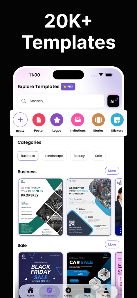 Interface do aplicativo AI Poster Maker mostrando uma biblioteca com mais de 20.000 templates de design para posters, logos e gráficos de mídia social