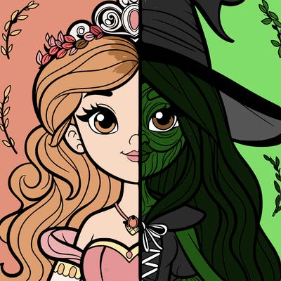 detailed realistic split of a princess and a witch