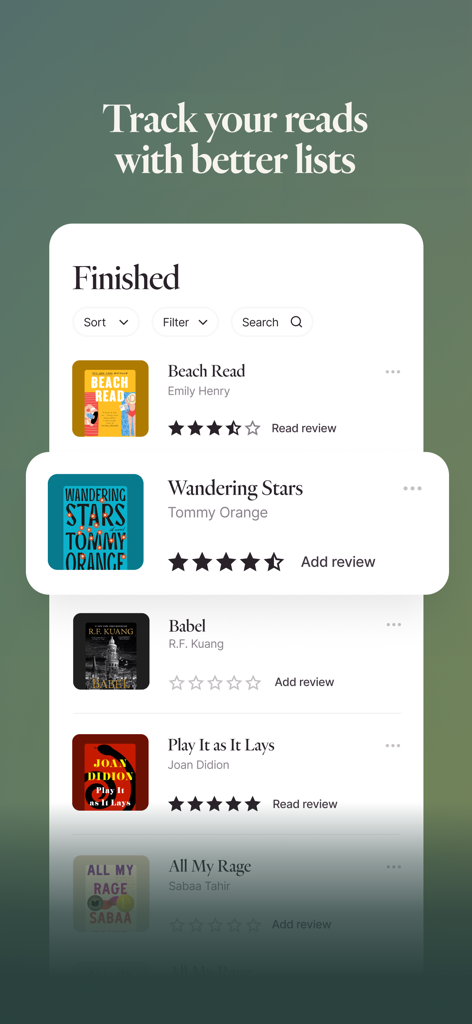 A list of finished books with star ratings and reviews in the Fable app mobile interface