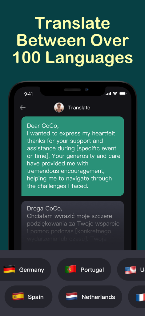 Écran de l'application mobile Gam.AI montrant la fonction de traduction linguistique entre l'anglais et le polonais avec des drapeaux de pays.