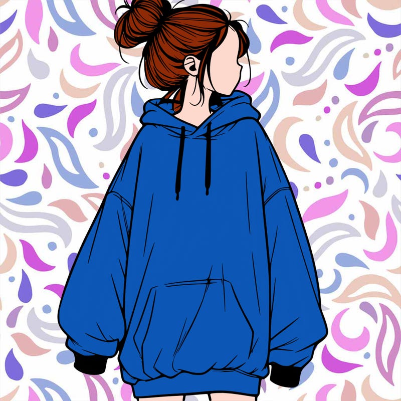 realistic girl with a oversized sweatshirt on and a bun