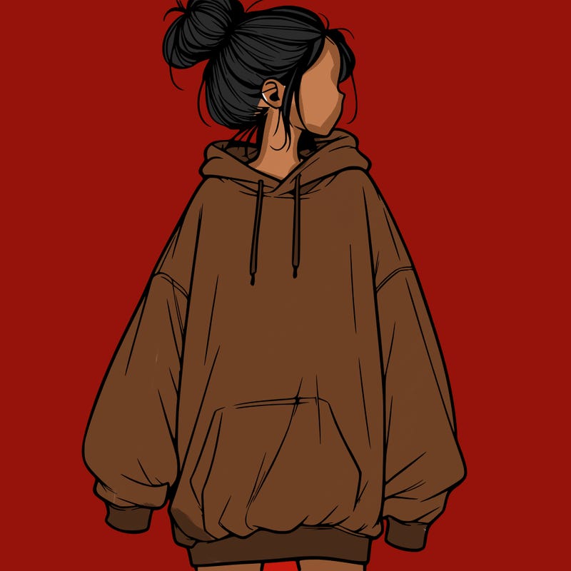 realistic girl with a oversized sweatshirt on and a bun