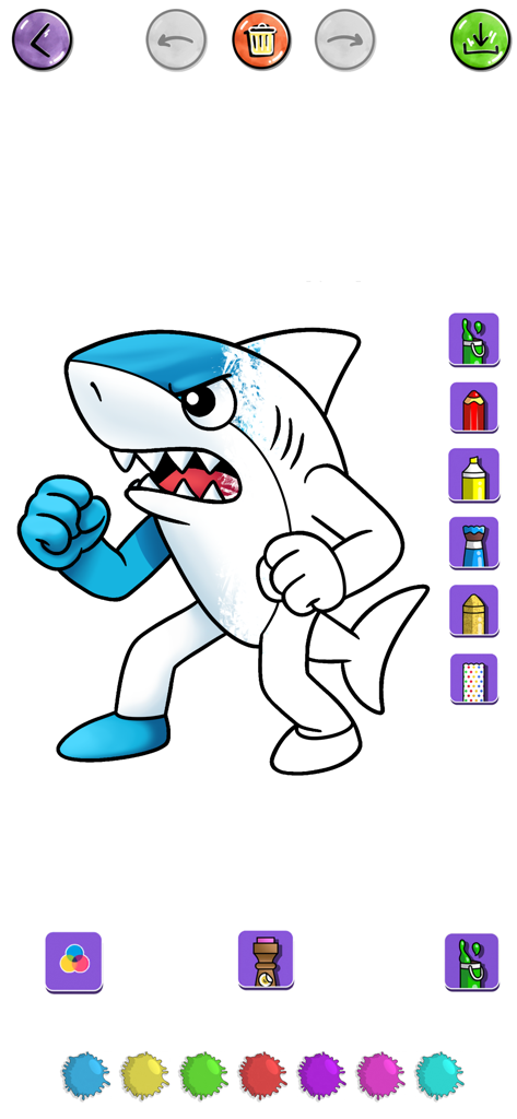 The Brainrot Animals Coloring - A humanoid shark character coloring page featuring various digital coloring tools and color palettes