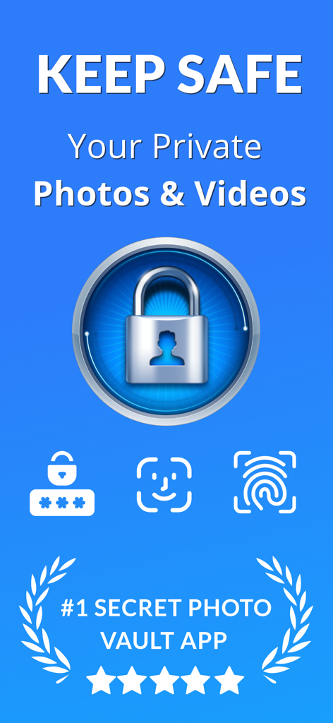 Promotional screen for Safe Private Vault showing biometric lock options for private photos and videos