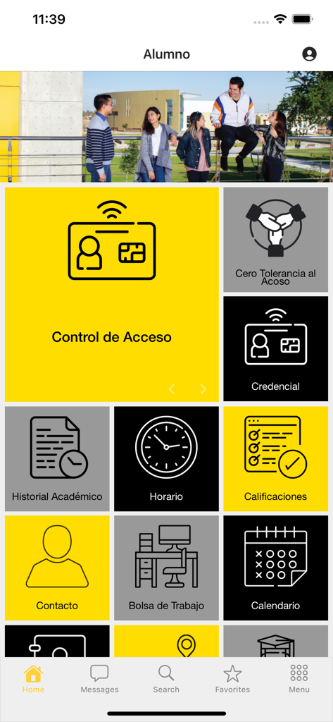 Dashboard of the CETYS University app featuring student tools like class schedules and grades.