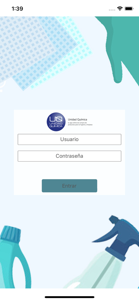 Unidad Química - Unidad Quimica mobile app login screen with username and password fields