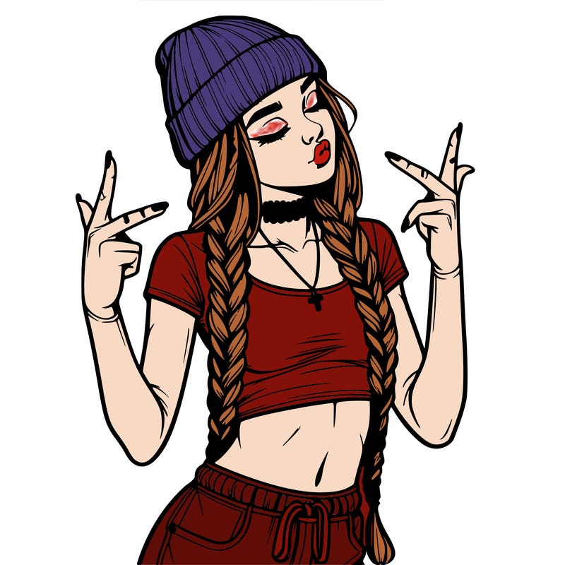 realistic teenage girl with braids and a beanie and crop top doing 🫶🏼