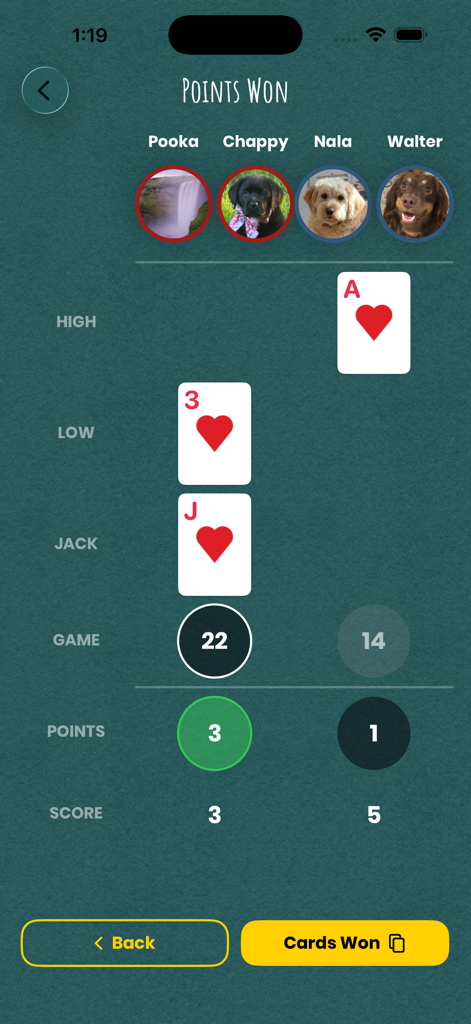 iPitch - Score summary screen in iPitch showing points won and current standings for four players