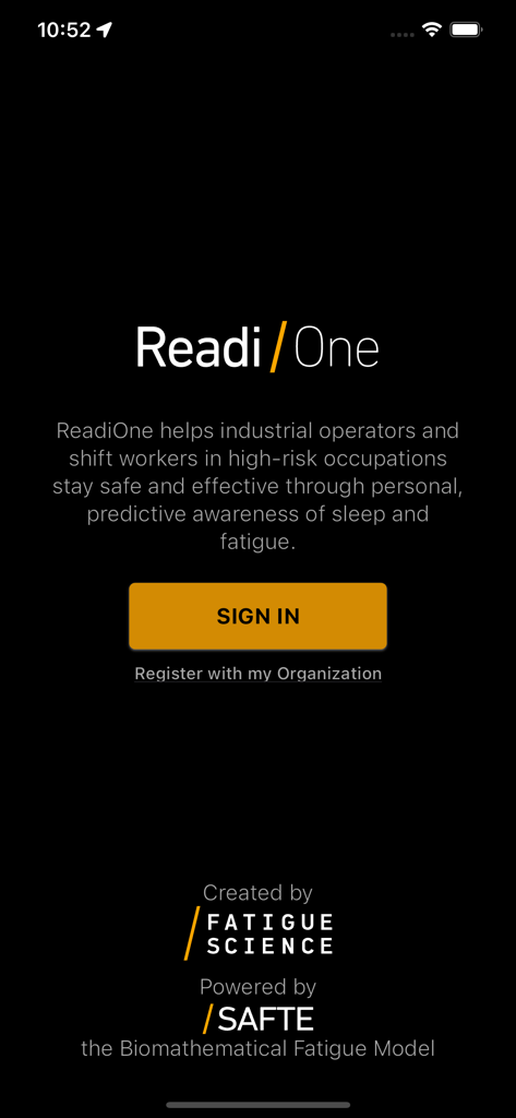ReadiOne by Fatigue Science - Tela de login do ReadiOne da Fatigue Science para trabalhadores de turnos industriais